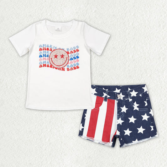 Baby Girls American Babe Shirt Top Star Stripes Denim Shorts Clothes Sets