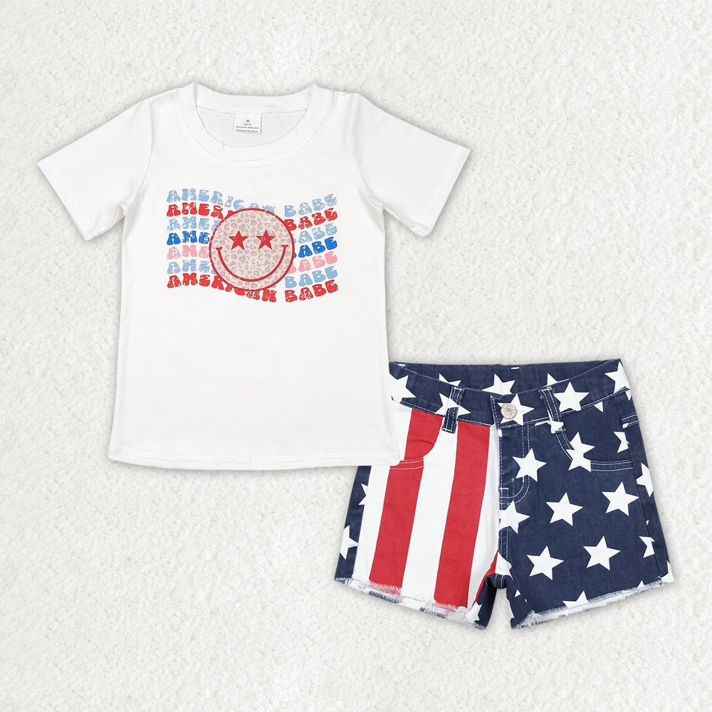 Sibling Baby Girls America Babe Stars Top Denim Pockets Shorts 4th of July Clothes Sets