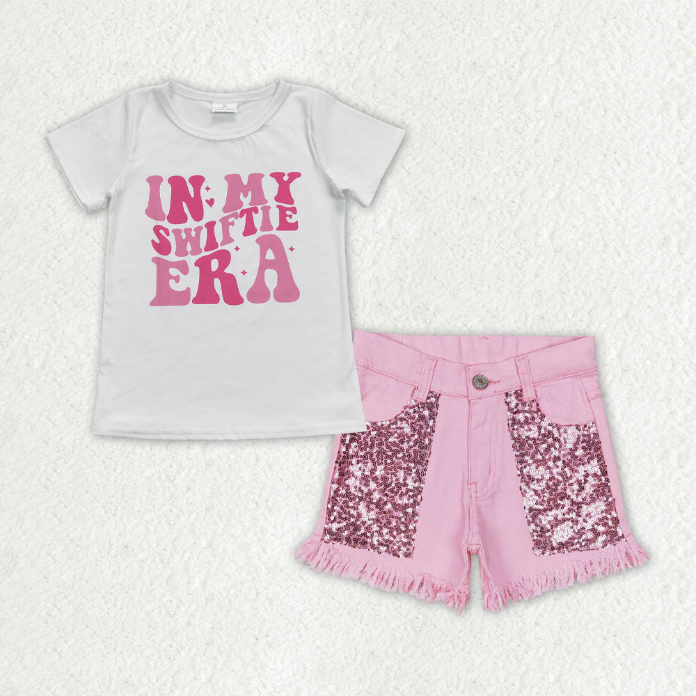 Baby Girls Singer Era Shirt Top Pink Sequin Denim Shorts Clothes Sets