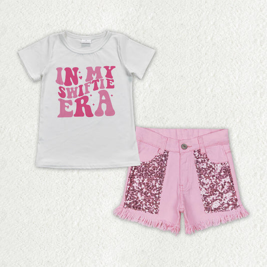 Baby Girls Singer Era Shirt Top Pink Sequin Denim Shorts Clothes Sets