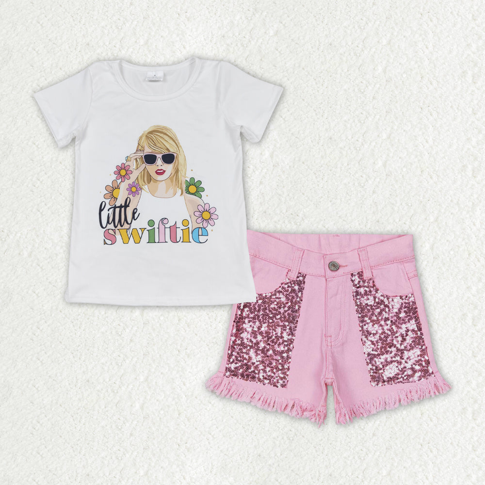 Baby Girls Little Flower Singer Shirt Top Pink Sequin Denim Shorts Clothes Sets