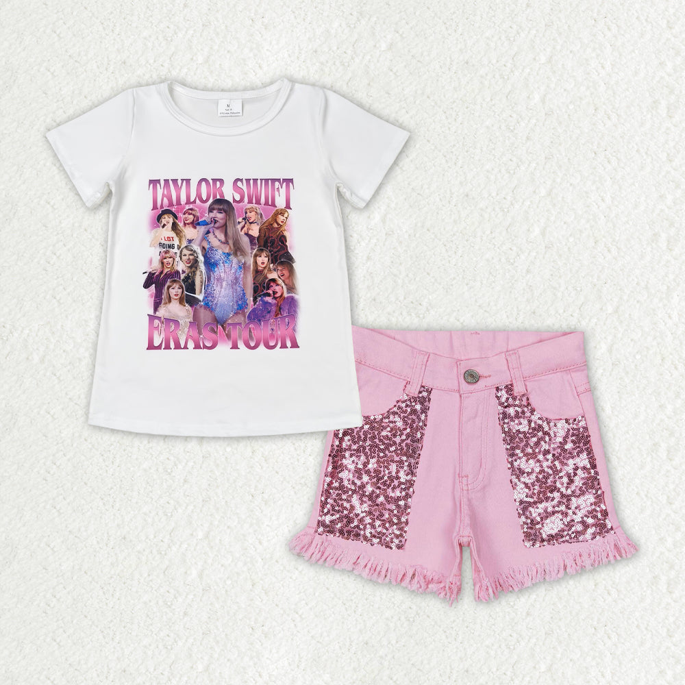 Baby Girls Singer Shirt Top Pink Sequin Denim Shorts Clothes Sets