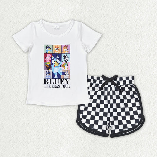 Baby Girls Dog Short Sleeve Top Checkered Shorts Clothes Sets