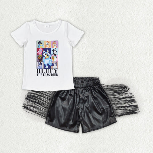 Baby Girls Dog Shirts Tops Leather Black Tassel Shorts Clothes Sets