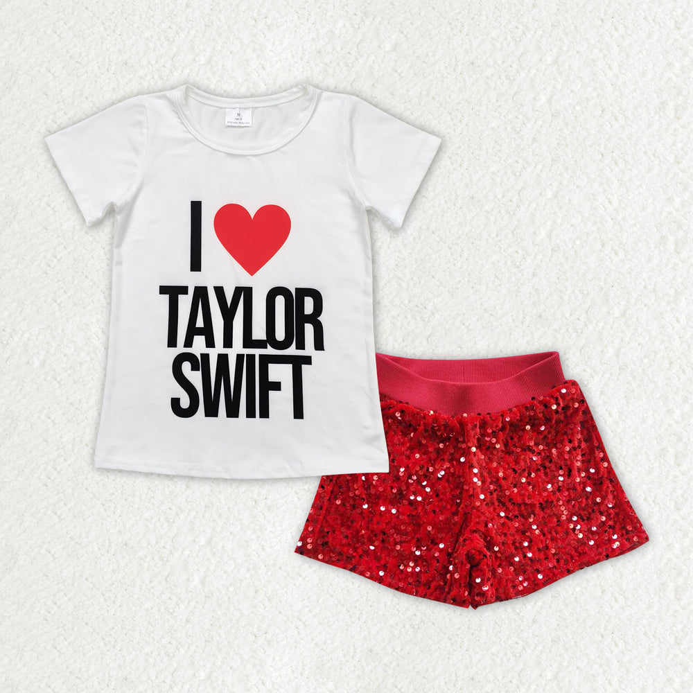 Baby Girls Singer Heart White Shirt Red Sequin Shorts Clothes Sets
