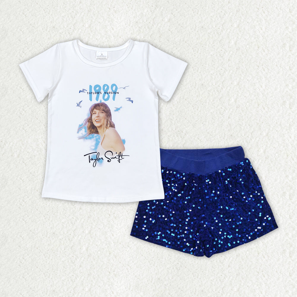 Baby Girls Singer White Shirt Blue Sequin Shorts Clothes Sets