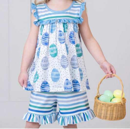 Baby BGirls Easter Blue Eggs Tunic Ruffle Shorts Clothes Sets Preorder