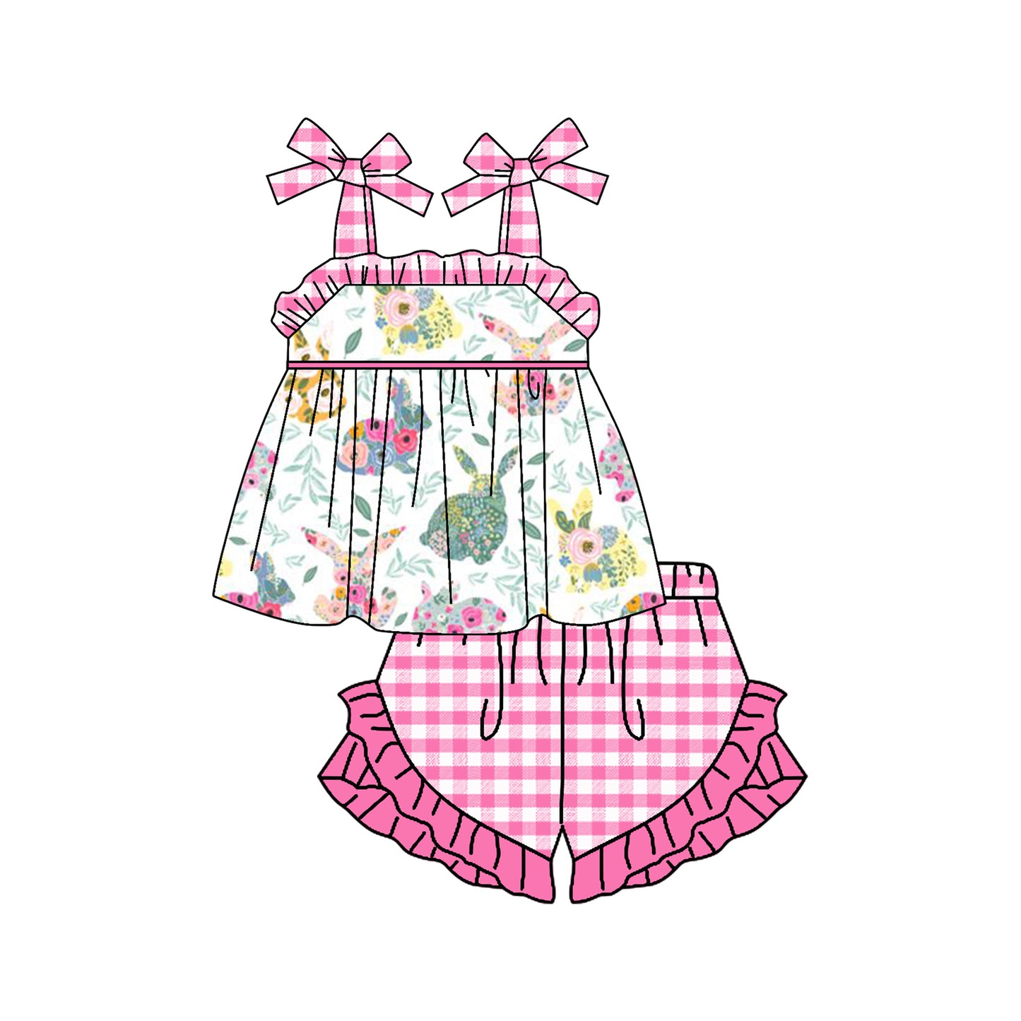 Baby Girls Easter Rabbits Flowers Straps Tunic Ruffle Shorts Clothes Sets Preorder