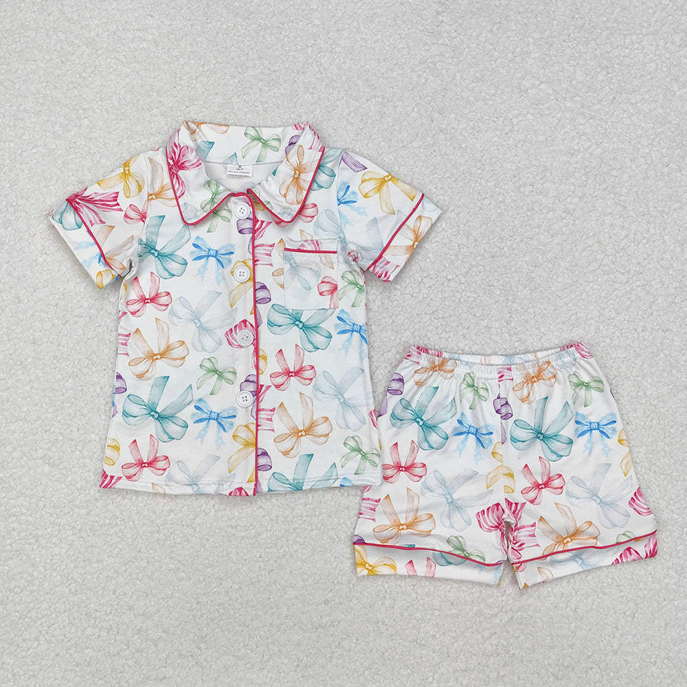 Baby Girls Colorful Bows Buttons Shirt Shorts Pajamas Clothes Sets