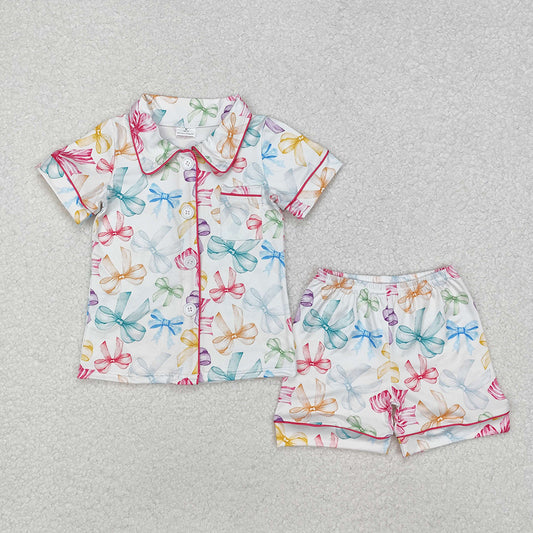 Baby Girls Colorful Bows Buttons Shirt Shorts Pajamas Clothes Sets
