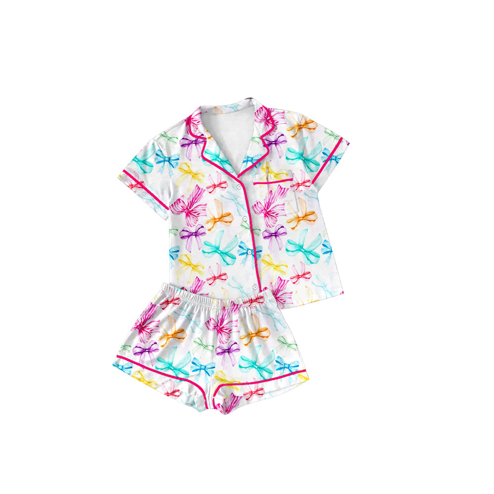 Adult Women Colorful Bows Buttons Tops Shorts Pajamas Preorder