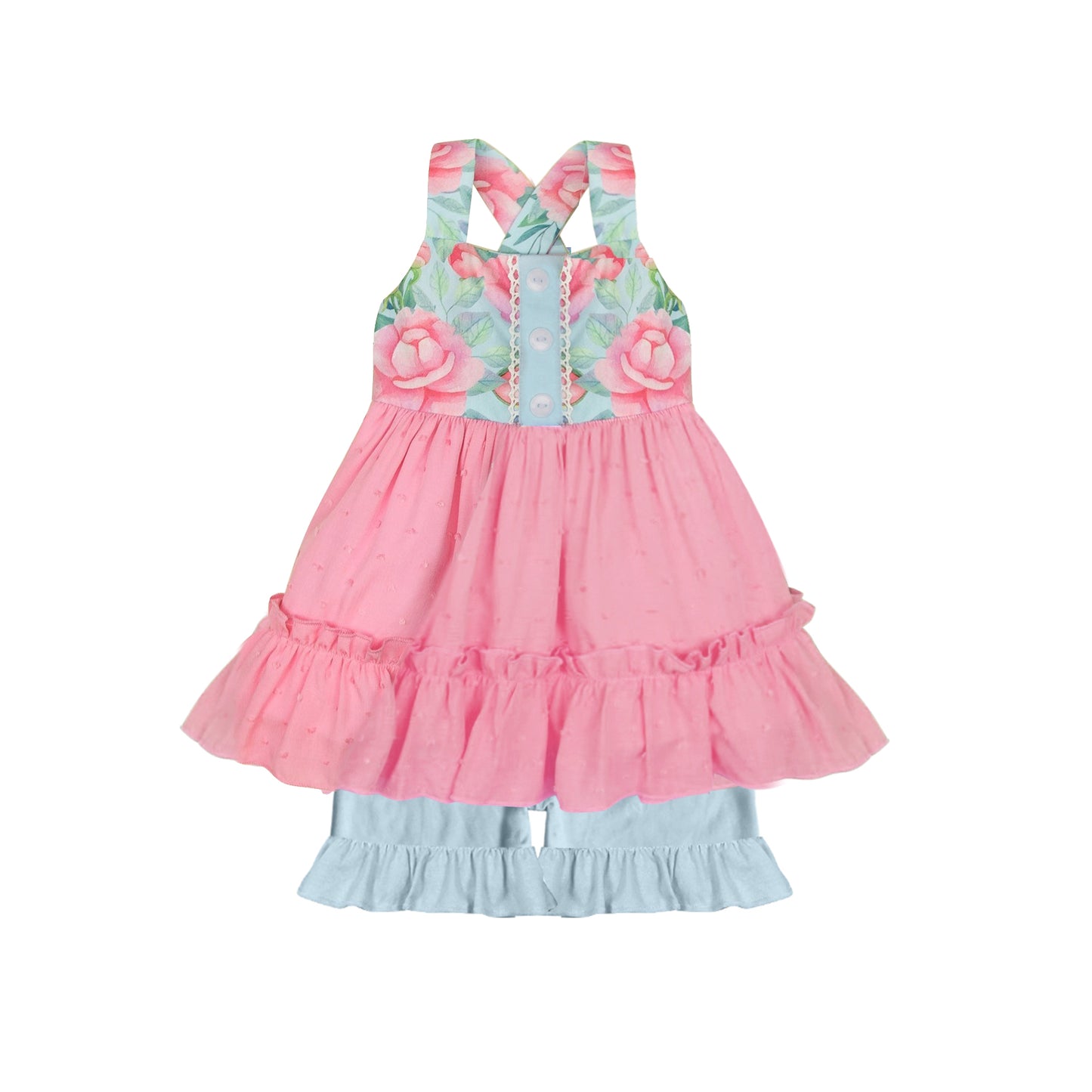 Baby Girls Pink Flowers Straps Tunic Ruffle Shorts Clothes Sets Preorder