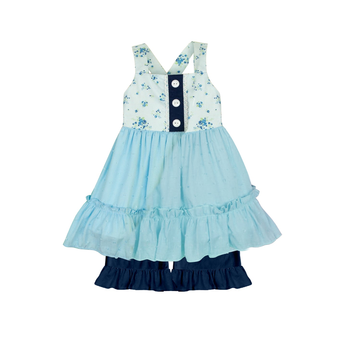 Baby Girls Blue Flowers Straps Tunic Ruffle Shorts Clothes Sets Preorder