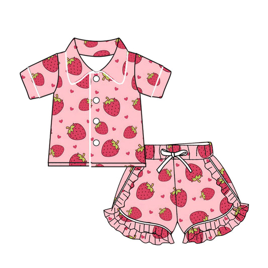 Baby Girls Strawberry Buttons Shirt Ruffle Shorts Pajamas Clothes Sets Preorder