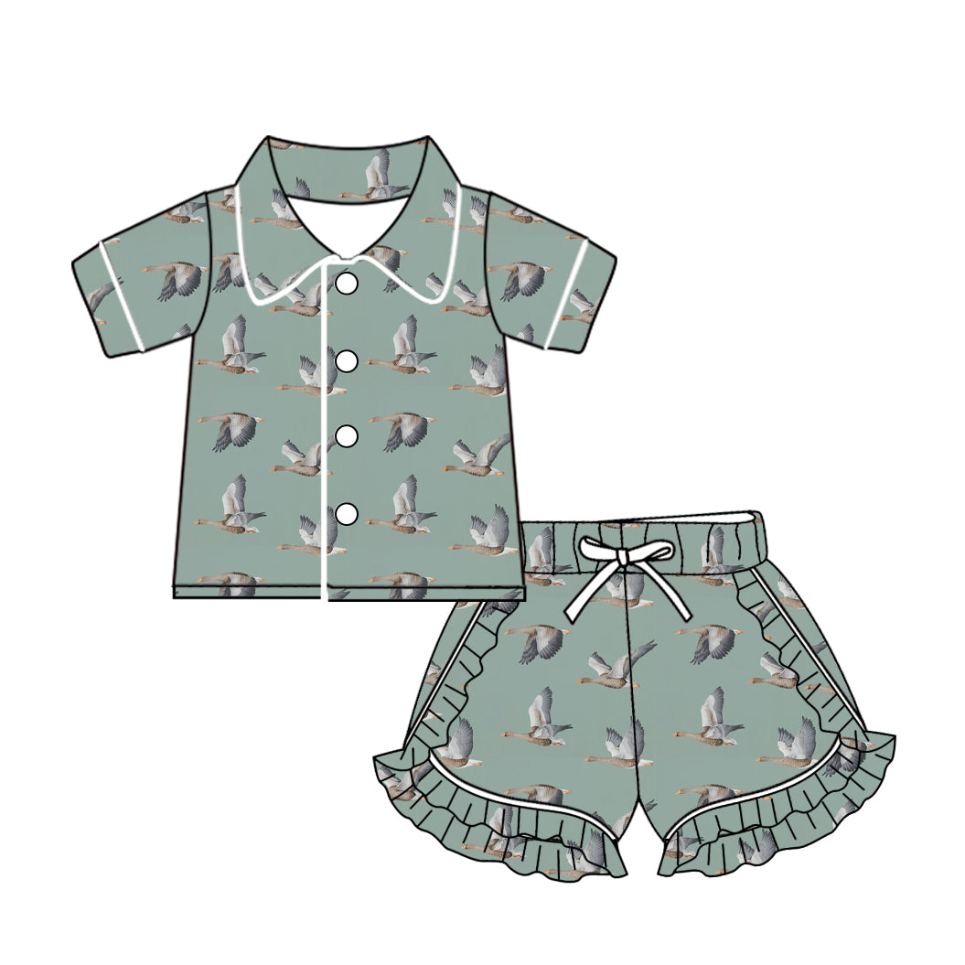 Baby Girls Ducks Buttons Shirt Ruffle Shorts Pajamas Clothes Sets Preorder