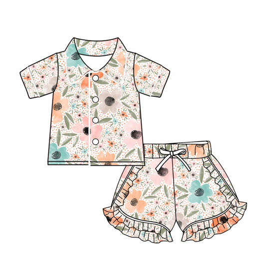 Baby Girls Orange Flowers Buttons Shirt Ruffle Shorts Pajamas Clothes Sets Preorder