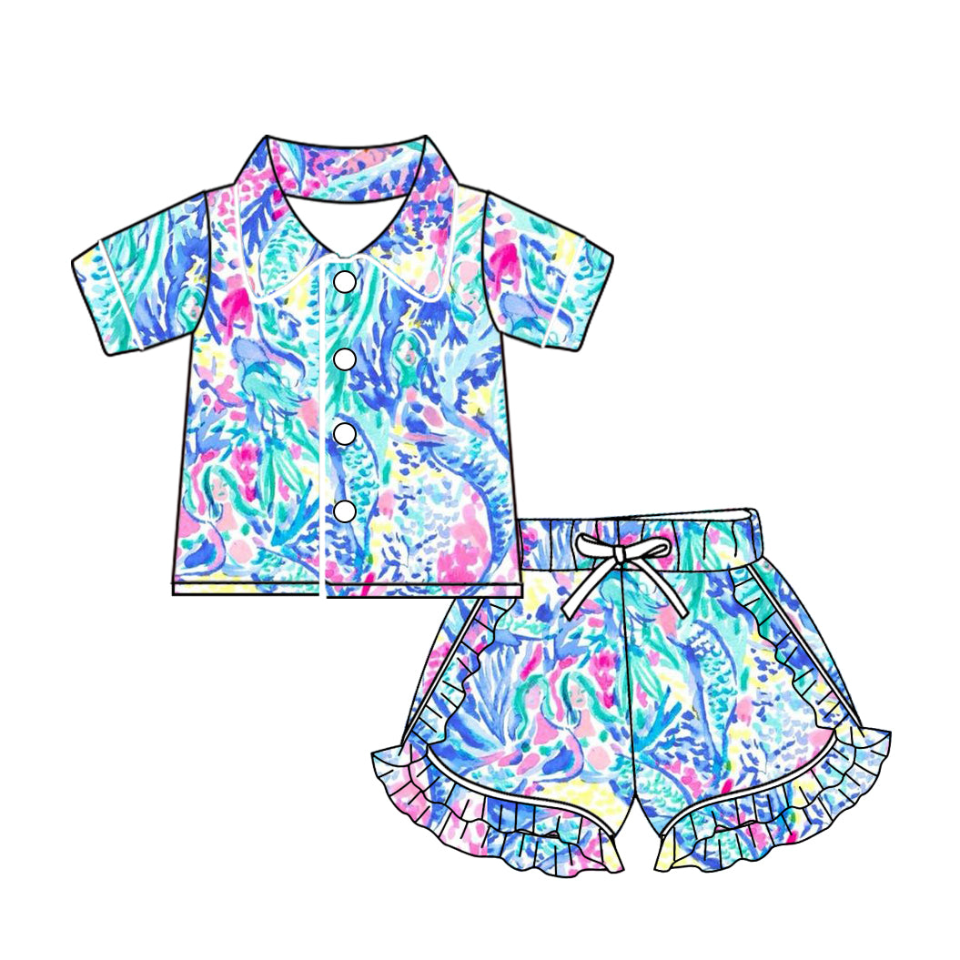 Baby Girls Blue Sea Weed Buttons Shirt Ruffle Shorts Pajamas Clothes Sets Preorder