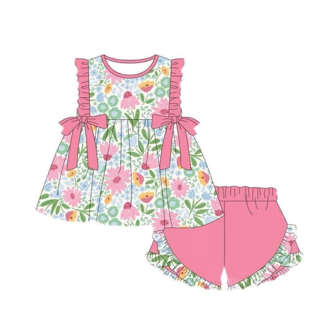 Baby Girls Pink Flowers Bows Tunic Ruffle Shorts Clothes Sets Preorder