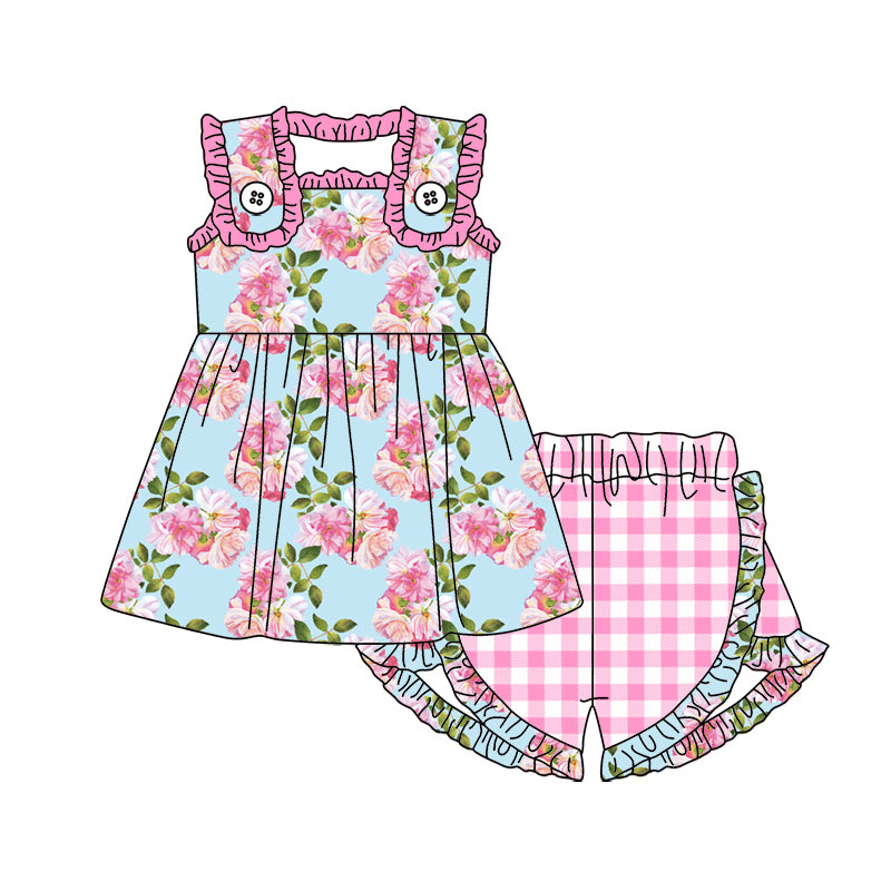 Baby Girls Pink Blue Flowers Tunic Ruffle Shorts Clothes Sets Preorder