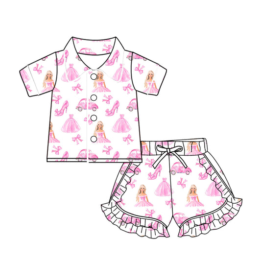 Baby Girls Pink Doll Buttons Shirts Ruffle Shorts Pajamas Clothes Sets Preorder