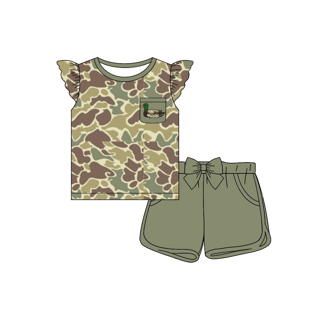 Baby Girls Light Green Camo Duck Pocket Shirts Bow Shorts Clothes Sets Preorder