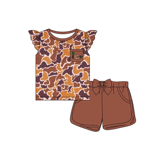 Baby Girls Khaki Camo Duck Pocket Shirts Bow Shorts Clothes Sets Preorder