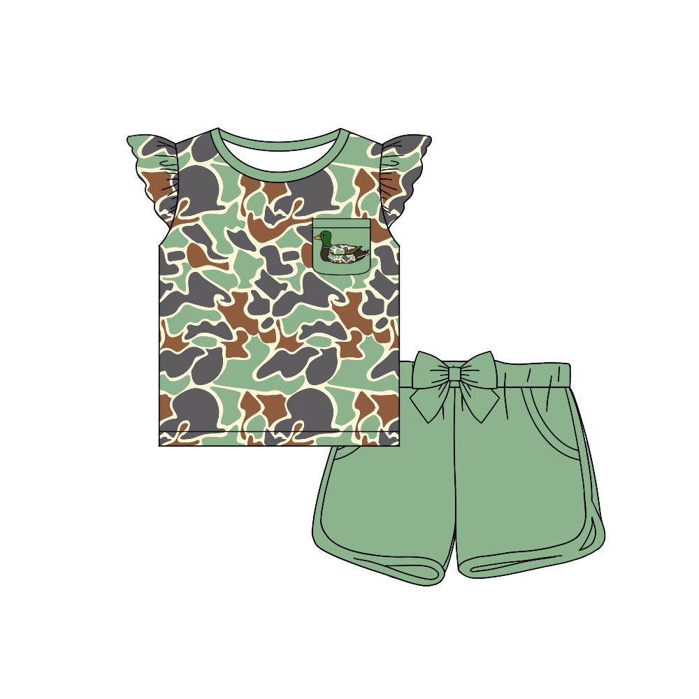 Baby Girls Green Camo Duck Pocket Shirts Bow Shorts Clothes Sets Preorder