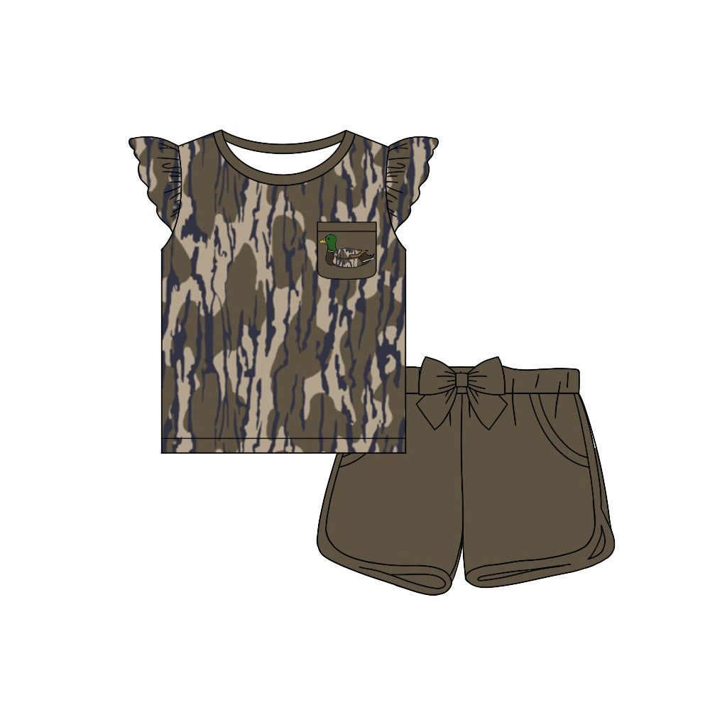 Baby Girls Bottomland Camo Duck Pocket Shirts Bow Shorts Clothes Sets Preorder