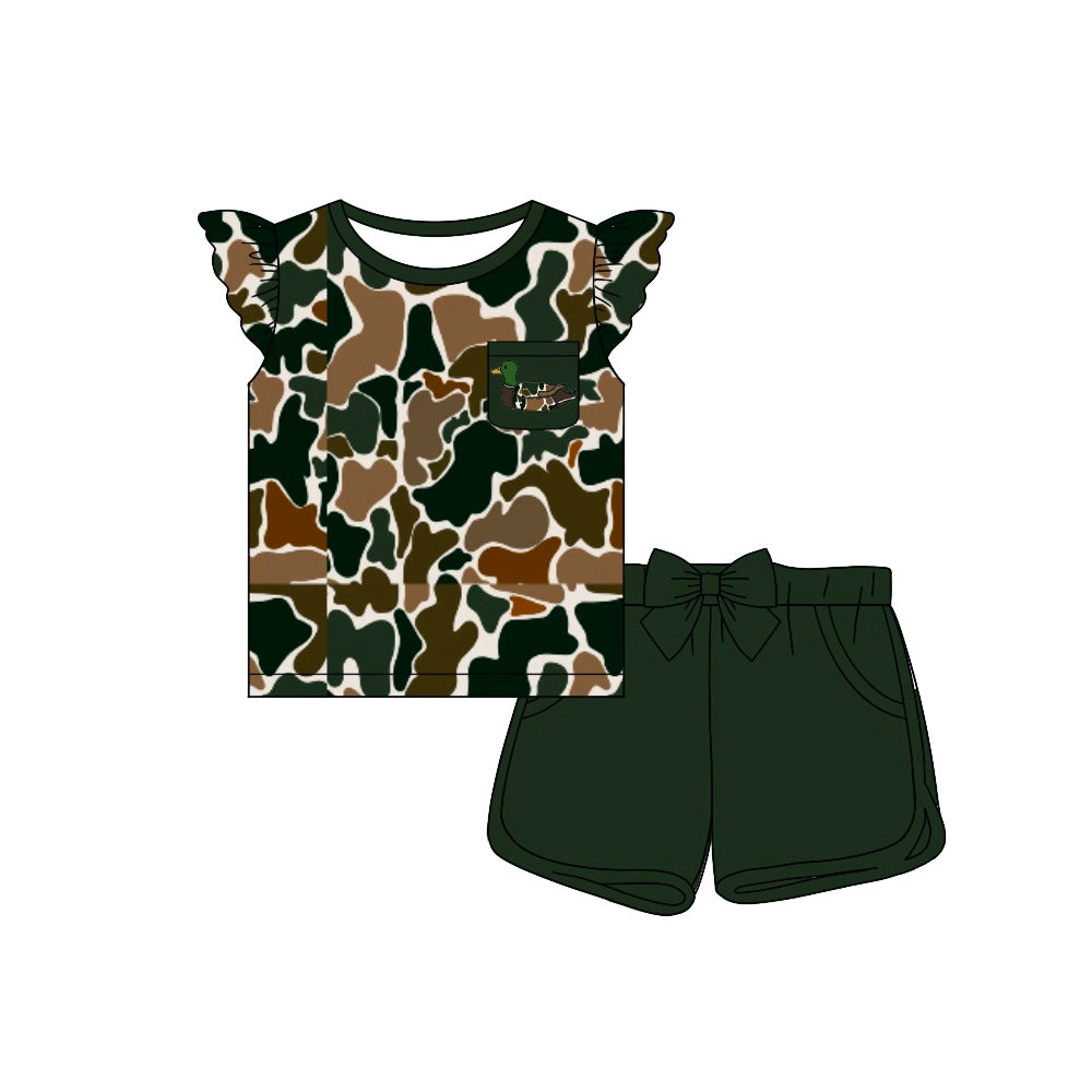 Baby Girls Brown Camo Duck Pocket Shirts Bow Shorts Clothes Sets Preorder