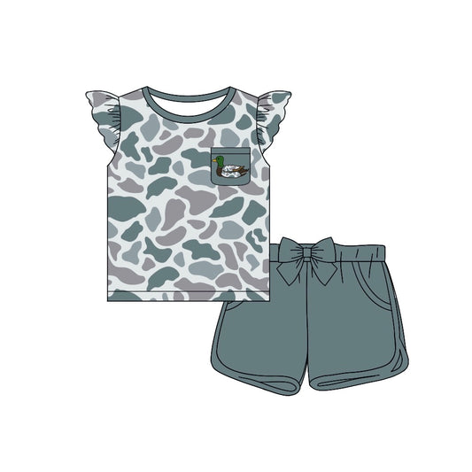 Baby Girls Grey Camo Duck Pocket Shirts Bow Shorts Clothes Sets Preorder