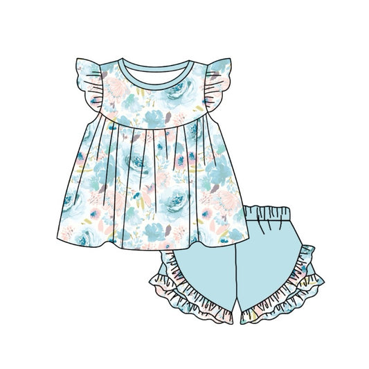 Baby Girls Blue Rose Flowers Tunic Ruffle Shorts Clothes Sets Preorder