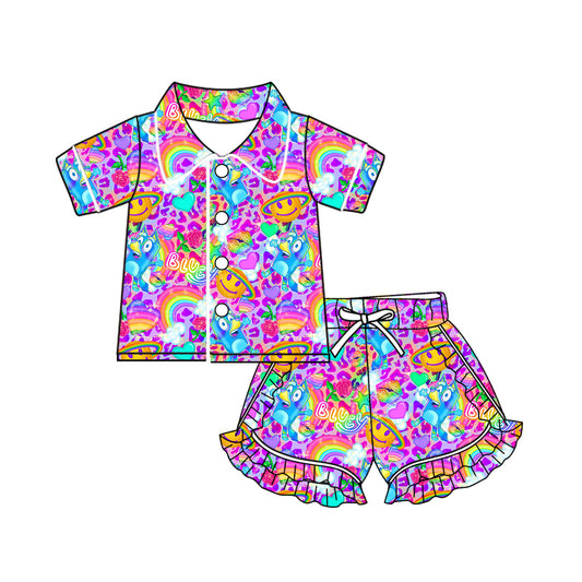 Baby Girls Rainbow Dog Flowers Shirt Ruffle Shorts Pajamas Clothes Sets Preorder