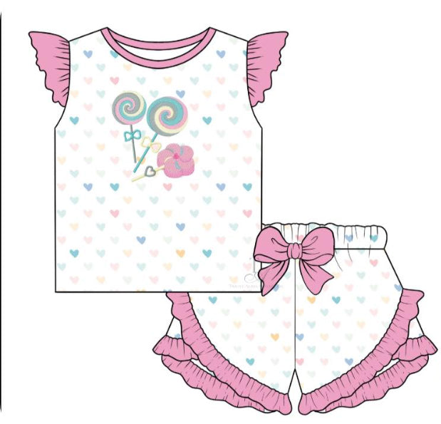 Baby Girls Candy Hearts Bows Shirts Ruffle Shorts Clothes Sets Preorder