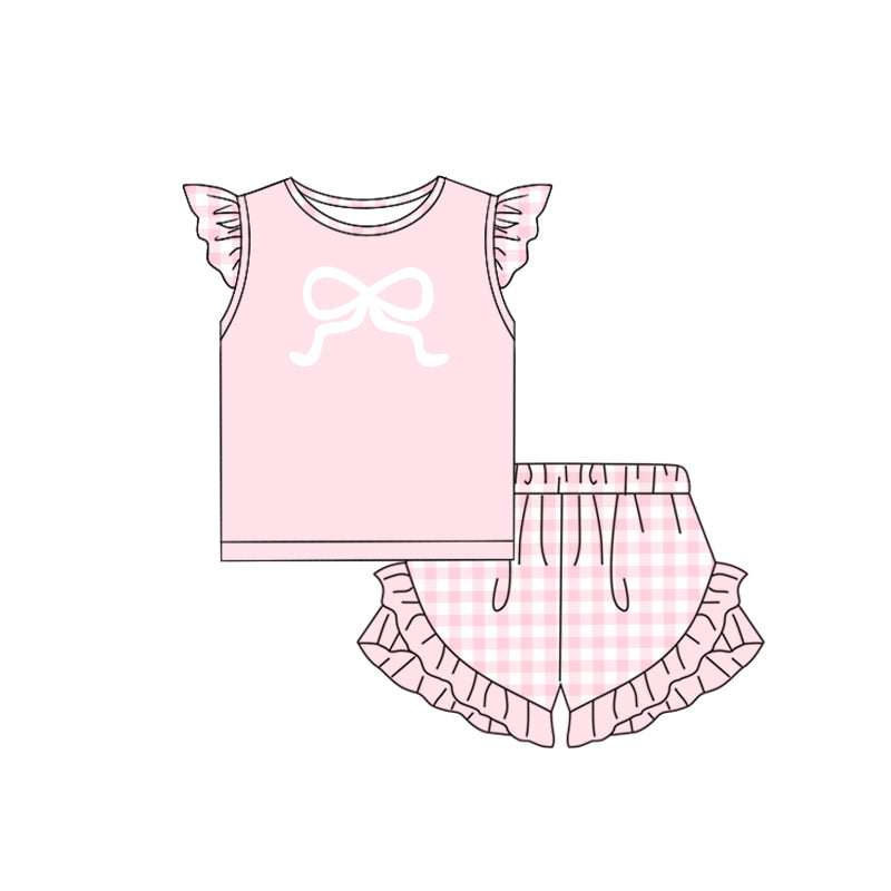 Baby Girls Pink Bow Tee Shirts Ruffle Shorts Clothes Sets Preorder