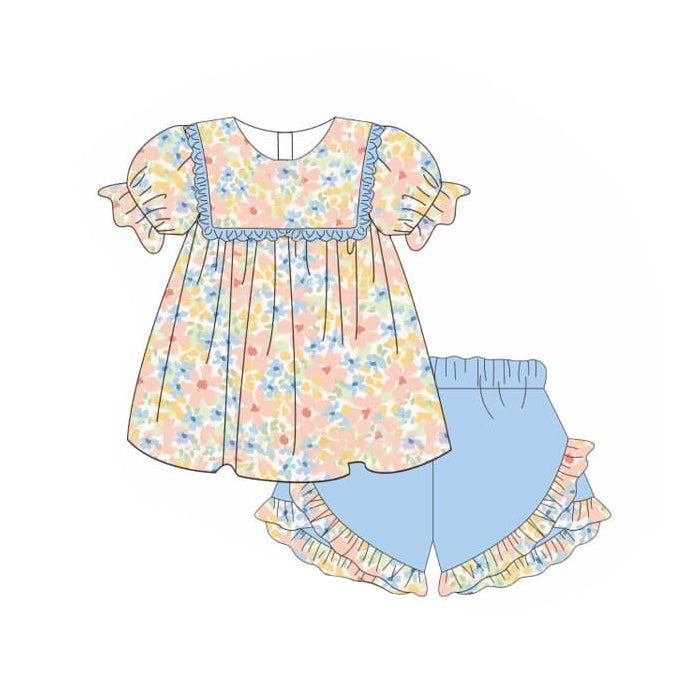 Baby Girls Pink Blue Flowers Tunic Ruffle Shorts Clothes Sets Preorder