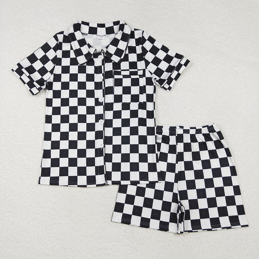 Adult Women Black Checkered Buttons Tops Shorts Pajamas