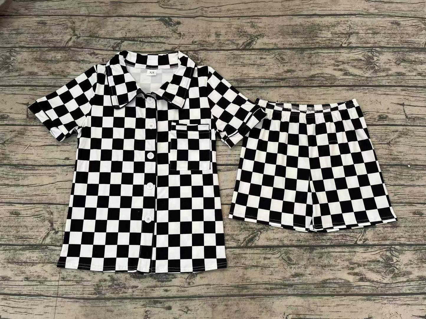 Adult Women Black Checkered Buttons Tops Shorts Pajamas Preorder