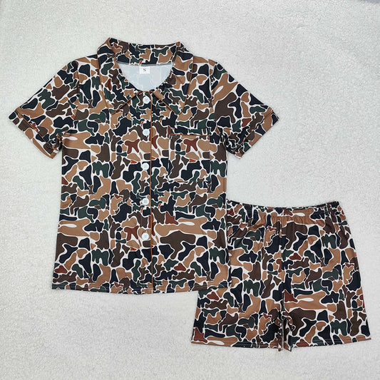 Adult Women Duck Brown Camouflage Buttons Tops Shorts Pajamas