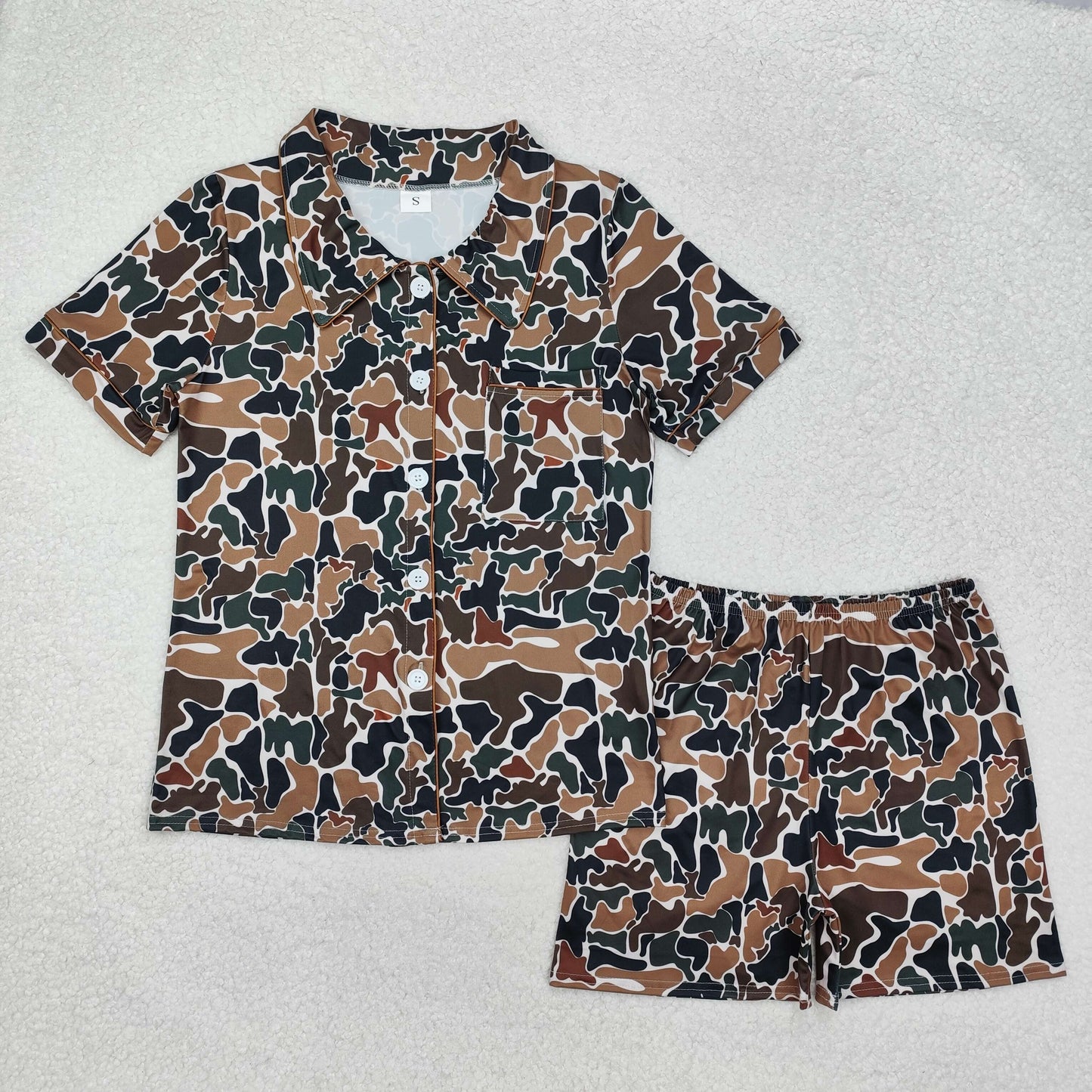 Sibling Adult Women Southern Hunting Ducks Camo Button Pockets Top Shorts Pajamas Set