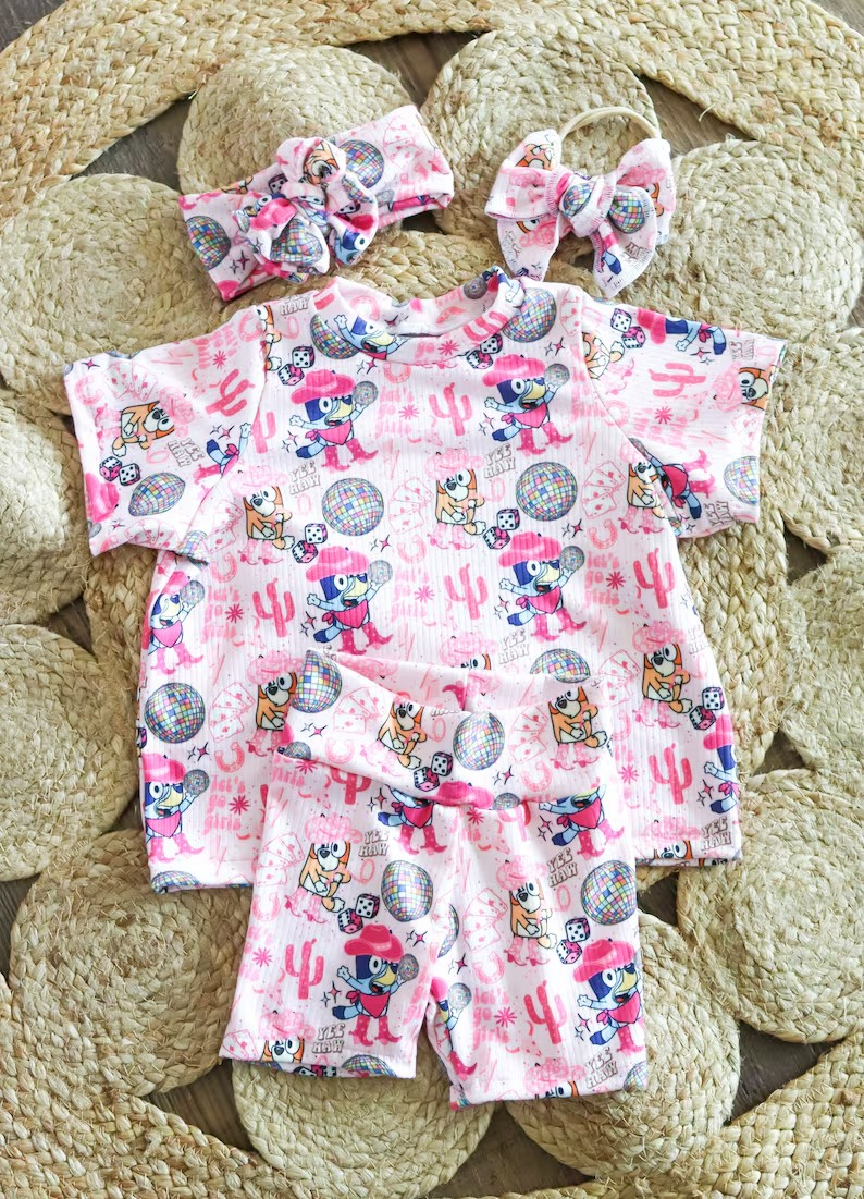 Baby Girls Pink Dog Western Cactus Shirts Shorts Clothing Sets Preorder