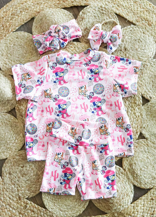 Baby Girls Pink Dog Western Cactus Shirts Shorts Clothing Sets Preorder