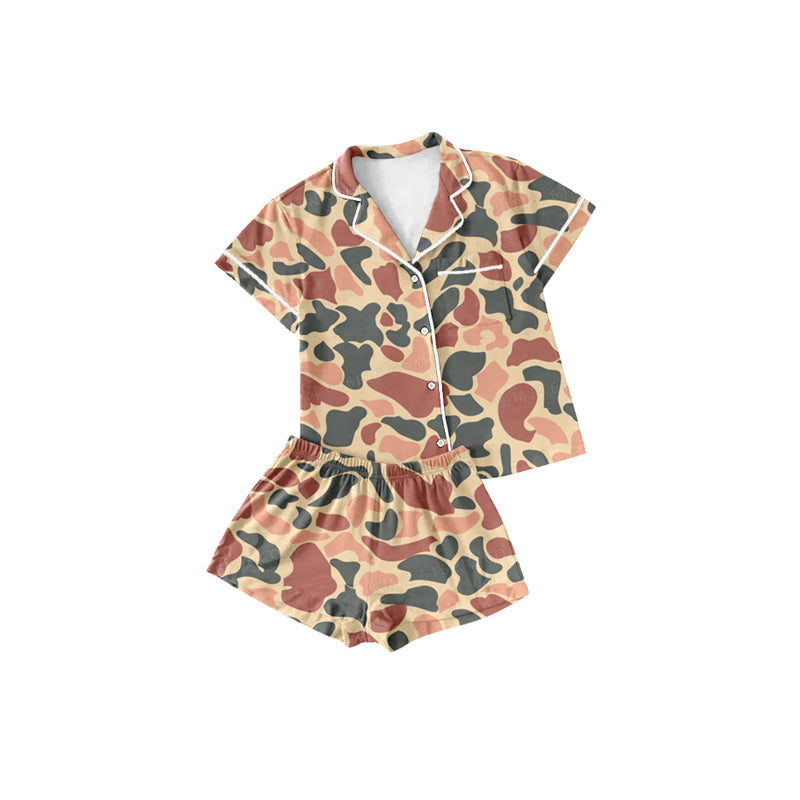 Baby Girls Green Camouflage Hunting Buttons Top Shorts Pajamas Clothing Sets Preorder