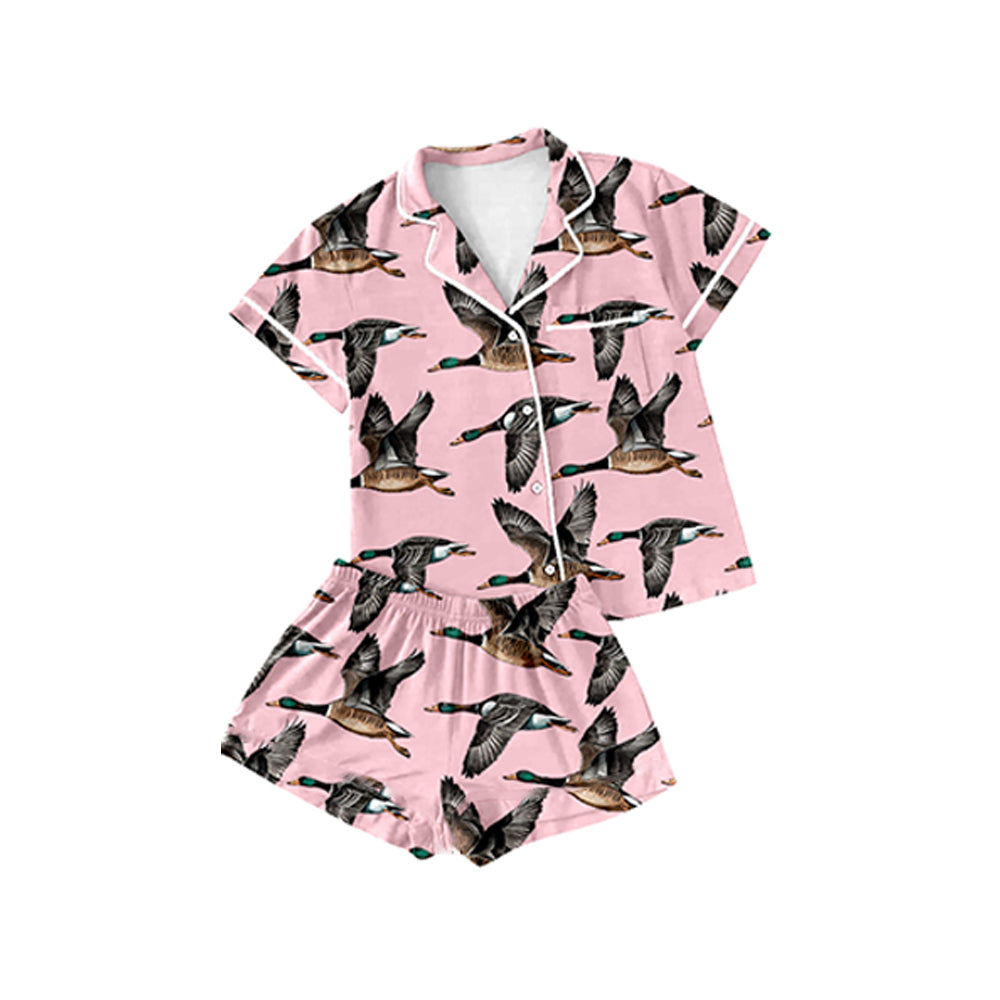 Baby Girls Pink Ducks Hunting Buttons Top Shorts Pajamas Clothing Sets Preorder