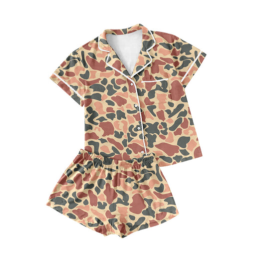 Adult Women Green Camouflage Hunting Buttons Tops Shorts Pajamas Preorder