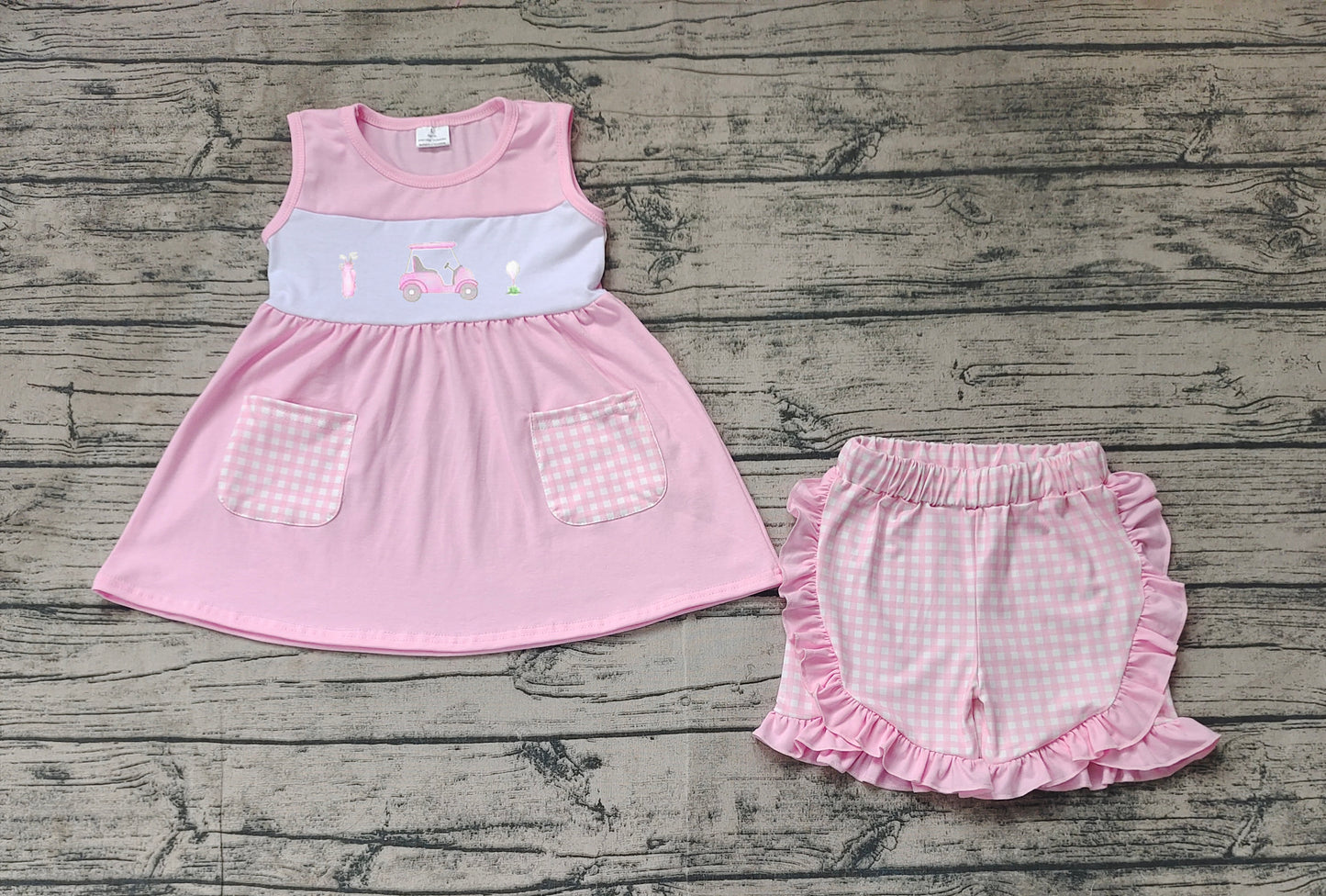 Baby Girls Pink Golf Carts Tunic Ruffle Shorts Clothing Sets Preorder