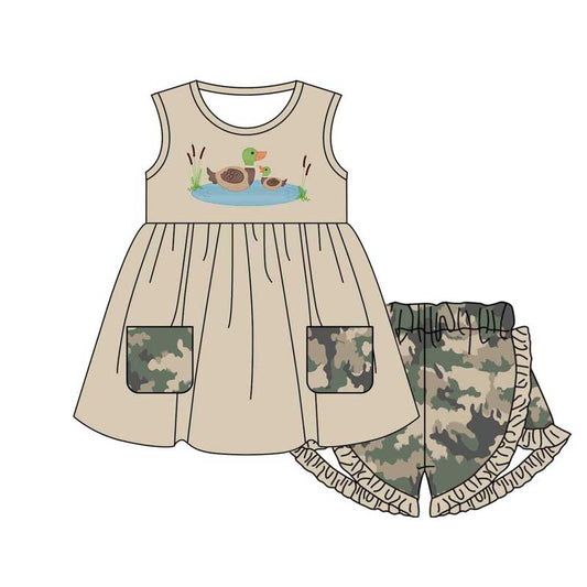 Baby Girls Cute Ducks Pockets Tunic Ruffle Camo Shorts Clothing Sets Preorder