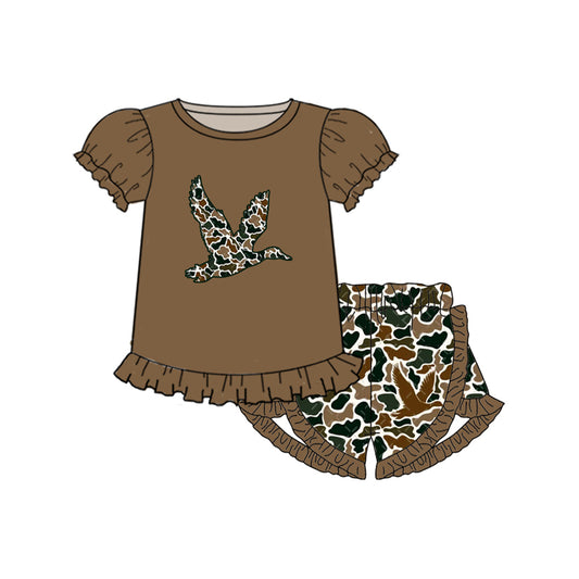 Baby Girls Brown Camo Duck Shirts Ruffle Shorts Clothing Sets Preorder