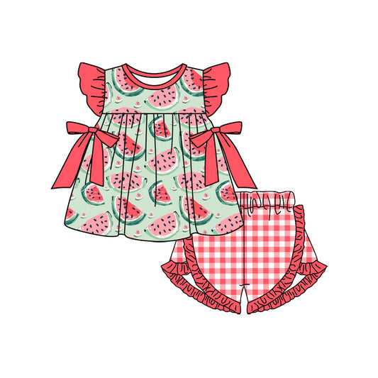 Baby Girls Summer Watermelon Bows Top Ruffle Shorts Clothes Sets Preorder