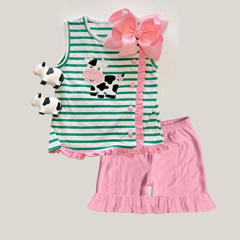 Baby Girls Green Stripes Cow Top Ruffle Shorts Clothes Sets Preorder