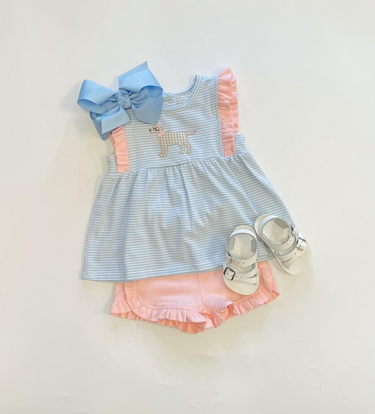 Baby Girls Blue Stripes Dog Tunic Ruffle Shorts Clothes Sets Preorder